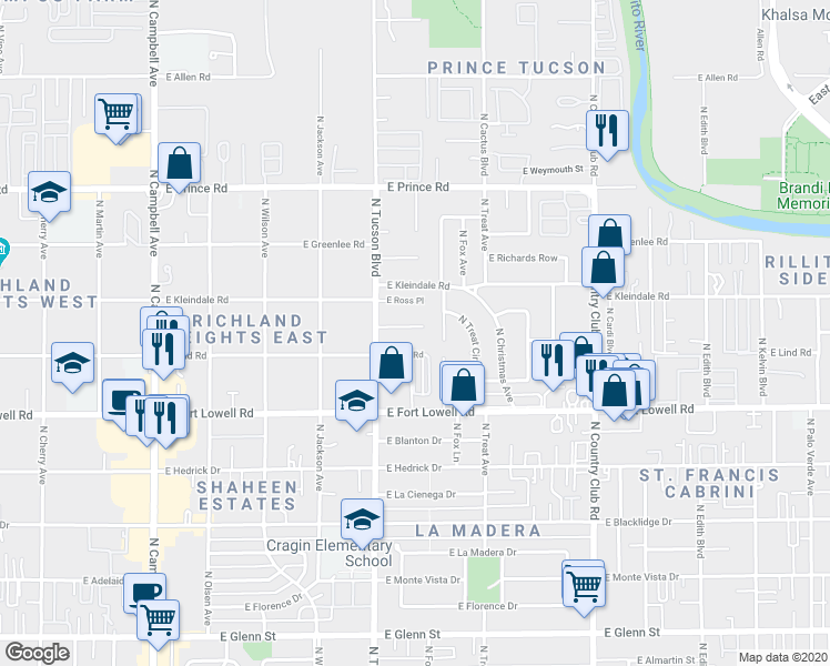 map of restaurants, bars, coffee shops, grocery stores, and more near 2531 East Halcyon Road in Tucson