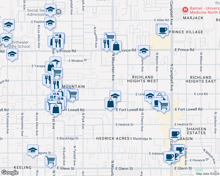 map of restaurants, bars, coffee shops, grocery stores, and more near 1277 East Halcyon Road in Tucson