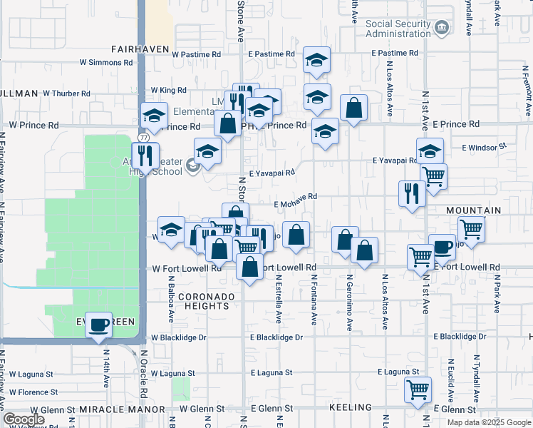 map of restaurants, bars, coffee shops, grocery stores, and more near 137 East Mohave Road in Tucson