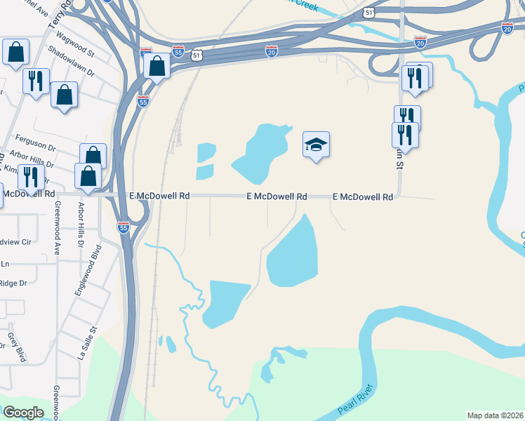 map of restaurants, bars, coffee shops, grocery stores, and more near 817 East McDowell Road in Jackson