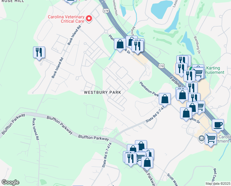 map of restaurants, bars, coffee shops, grocery stores, and more near 14 Savile Avenue in Bluffton