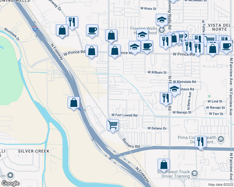 map of restaurants, bars, coffee shops, grocery stores, and more near 3332 North Romero Road in Tucson