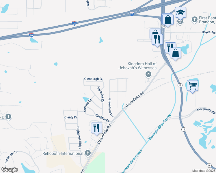 map of restaurants, bars, coffee shops, grocery stores, and more near 157 Greenfield Lane in Pearl