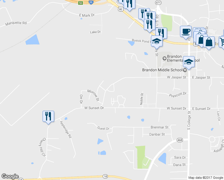 map of restaurants, bars, coffee shops, grocery stores, and more near 601 West Jasper Street in Brandon
