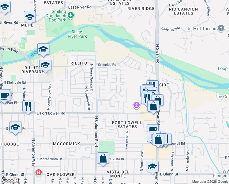 map of restaurants, bars, coffee shops, grocery stores, and more near 3364 North Glen Creek Drive in Tucson