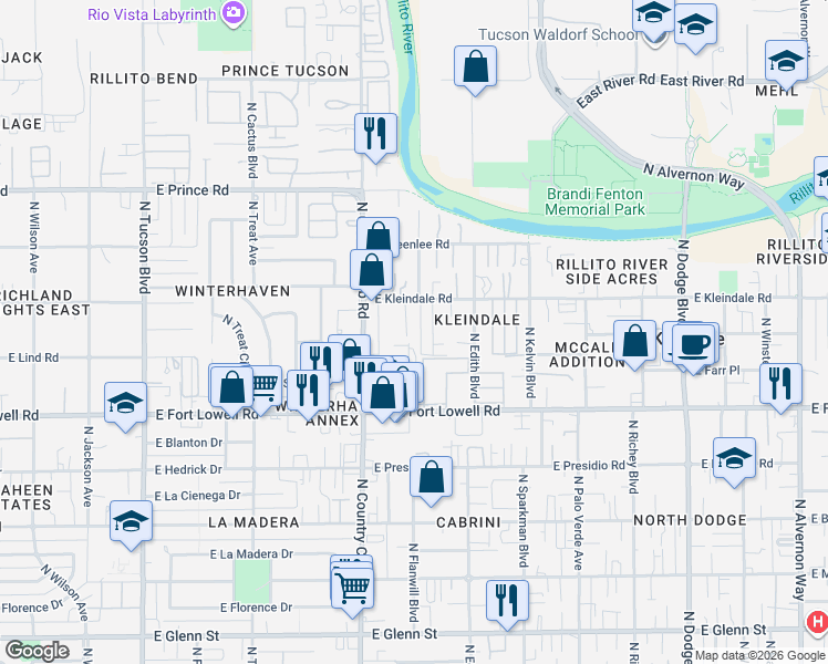 map of restaurants, bars, coffee shops, grocery stores, and more near 3344 North Flanwill Boulevard in Tucson