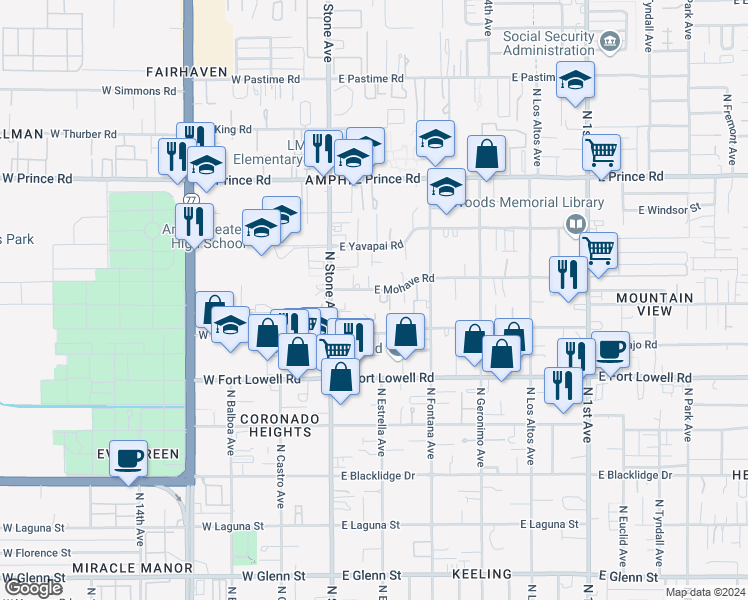 map of restaurants, bars, coffee shops, grocery stores, and more near 137 East Mohave Road in Tucson