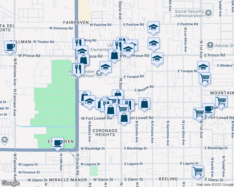 map of restaurants, bars, coffee shops, grocery stores, and more near 3401 North Stone Avenue in Tucson