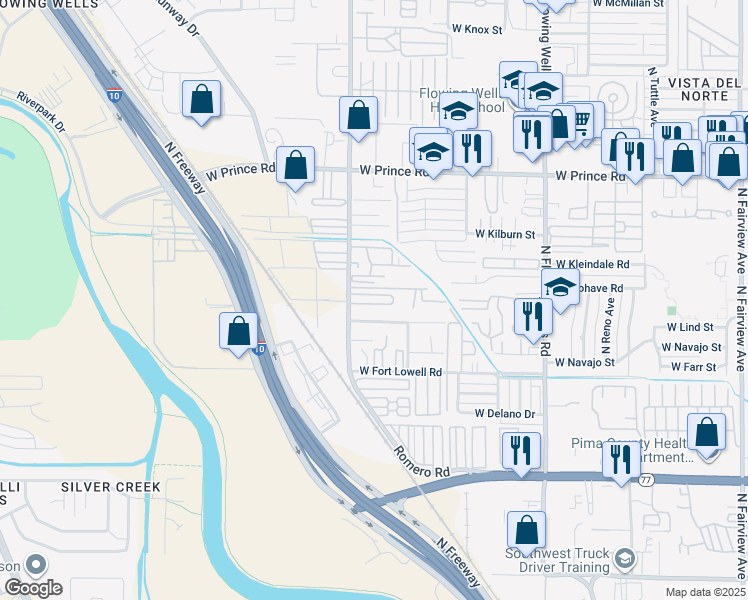 map of restaurants, bars, coffee shops, grocery stores, and more near 3332 North Romero Road in Tucson