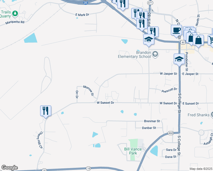 map of restaurants, bars, coffee shops, grocery stores, and more near 601 West Jasper Street in Brandon
