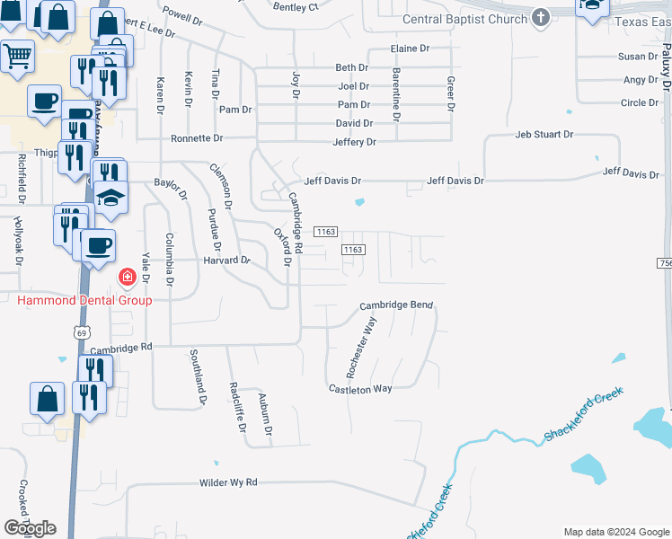 map of restaurants, bars, coffee shops, grocery stores, and more near 8319 El Cerrito Drive in Tyler