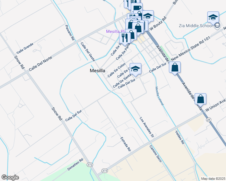 map of restaurants, bars, coffee shops, grocery stores, and more near Calle Del Sur in Las Cruces