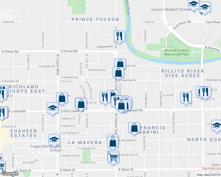 map of restaurants, bars, coffee shops, grocery stores, and more near 3324 North Bentley Avenue in Tucson