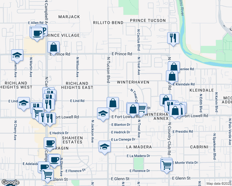 map of restaurants, bars, coffee shops, grocery stores, and more near 2531 East Halcyon Road in Tucson