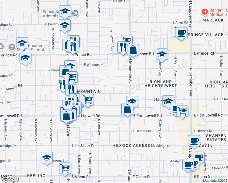 map of restaurants, bars, coffee shops, grocery stores, and more near in Tucson