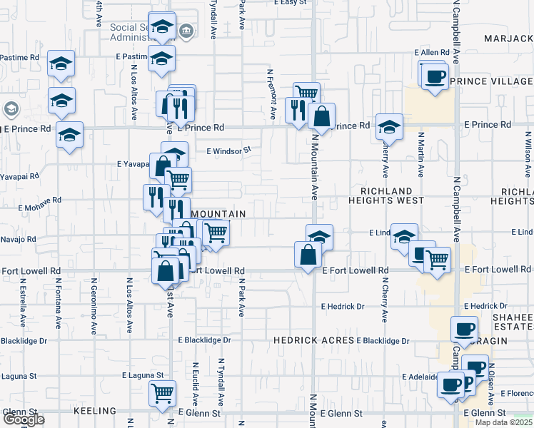 map of restaurants, bars, coffee shops, grocery stores, and more near in Tucson
