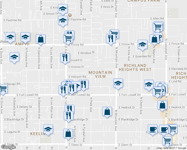 map of restaurants, bars, coffee shops, grocery stores, and more near 1027 East Halcyon Road in Tucson