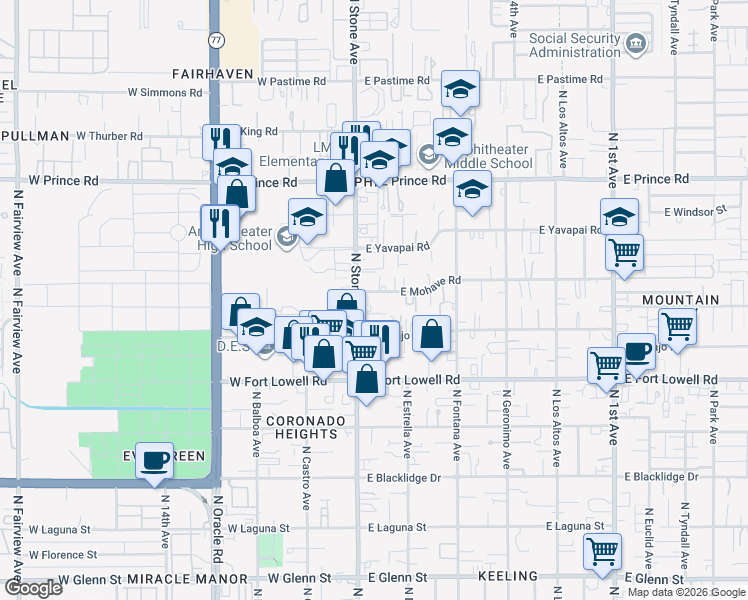 map of restaurants, bars, coffee shops, grocery stores, and more near 30 East Mohave Road in Tucson