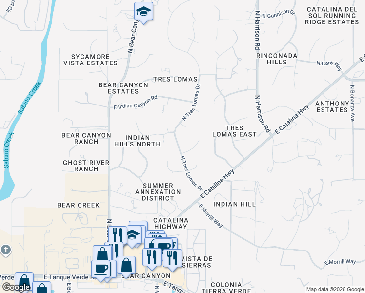 map of restaurants, bars, coffee shops, grocery stores, and more near 9201 East Indio Place in Tucson