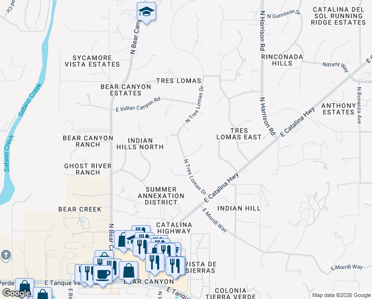 map of restaurants, bars, coffee shops, grocery stores, and more near 9201 East Indio Place in Tucson