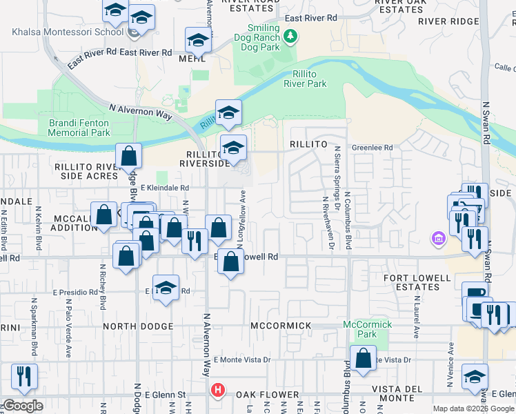 map of restaurants, bars, coffee shops, grocery stores, and more near 4044 East Wading Duck Court in Tucson