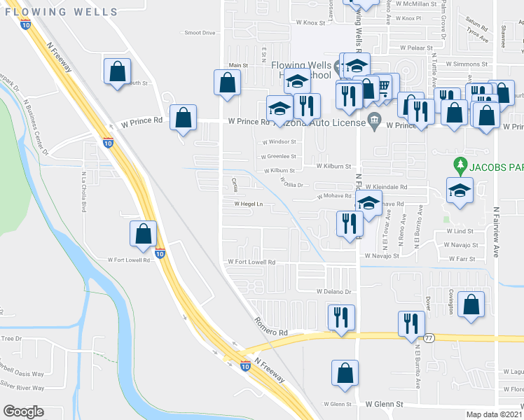 map of restaurants, bars, coffee shops, grocery stores, and more near 1545 West Hegel Lane in Tucson