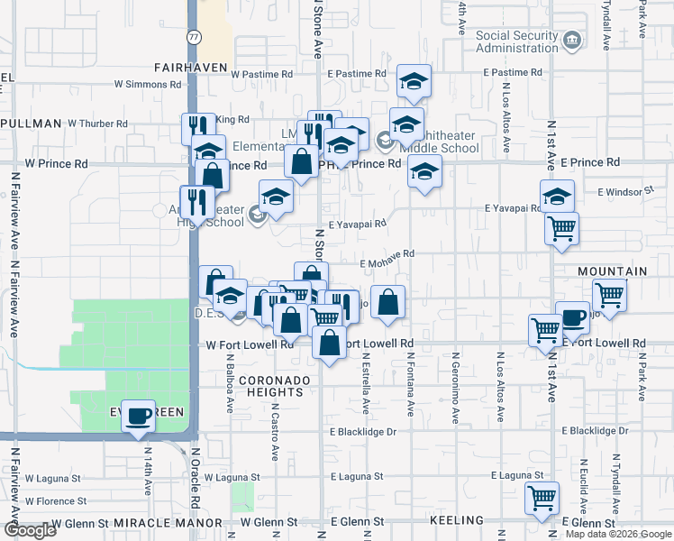 map of restaurants, bars, coffee shops, grocery stores, and more near 30 East Mohave Road in Tucson