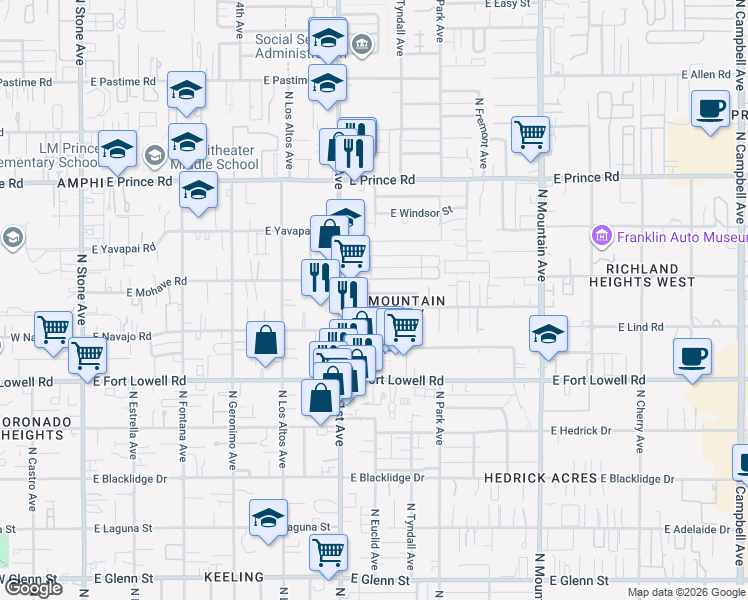 map of restaurants, bars, coffee shops, grocery stores, and more near 817 East Freeman Place in Tucson