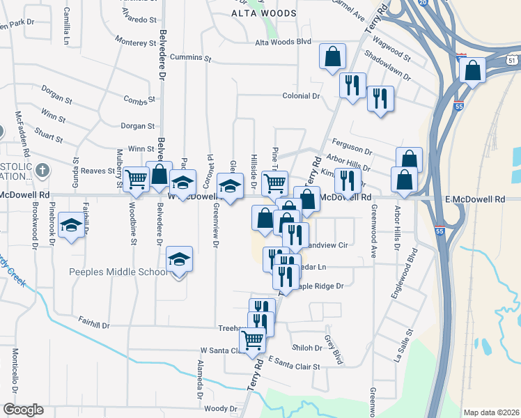 map of restaurants, bars, coffee shops, grocery stores, and more near 225 West McDowell Road in Jackson