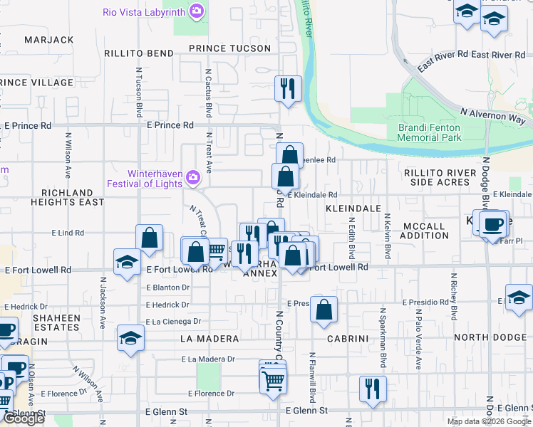 map of restaurants, bars, coffee shops, grocery stores, and more near 3324 North Bentley Avenue in Tucson