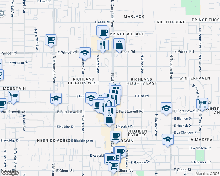 map of restaurants, bars, coffee shops, grocery stores, and more near 3375 North Campbell Avenue in Tucson