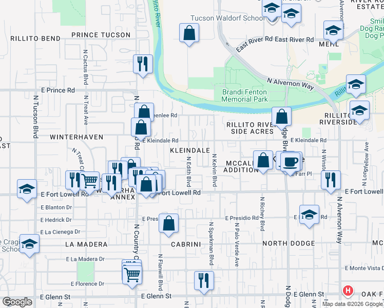 map of restaurants, bars, coffee shops, grocery stores, and more near in Tucson