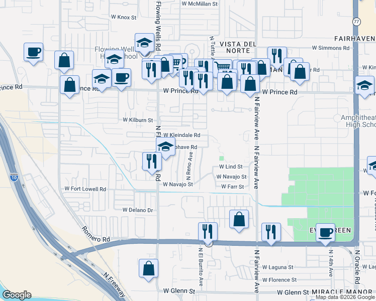 map of restaurants, bars, coffee shops, grocery stores, and more near 3341 North Reno Avenue in Tucson