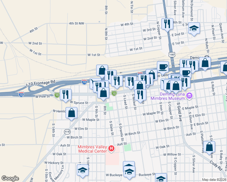 map of restaurants, bars, coffee shops, grocery stores, and more near 122 North Granite Street in Deming