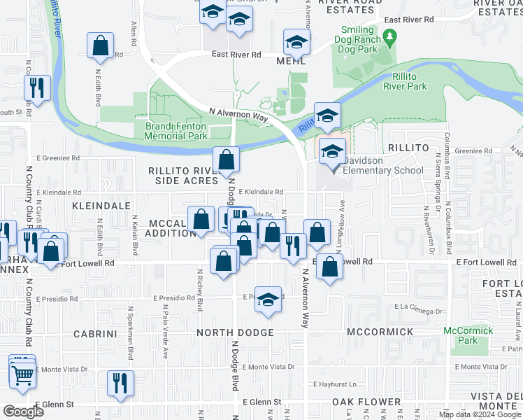 map of restaurants, bars, coffee shops, grocery stores, and more near 3351 North Chapel Avenue in Tucson