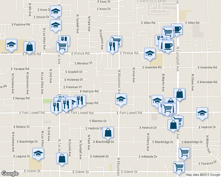 map of restaurants, bars, coffee shops, grocery stores, and more near 1214 East Kleindale Road in Tucson