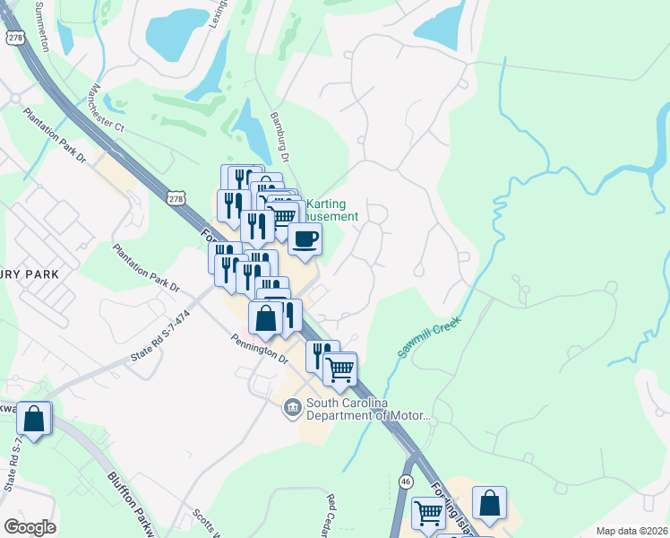 map of restaurants, bars, coffee shops, grocery stores, and more near 18 Oak Forest Road in Bluffton