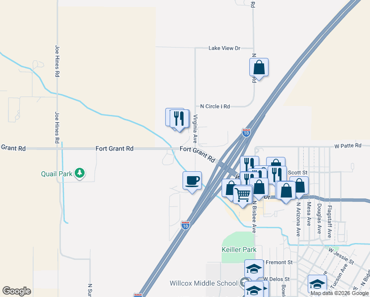 map of restaurants, bars, coffee shops, grocery stores, and more near Fort Grant Road in Willcox