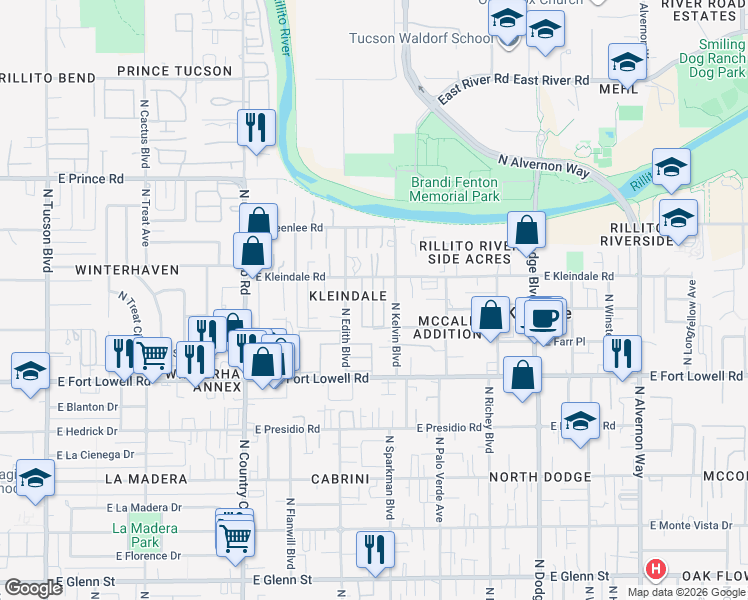 map of restaurants, bars, coffee shops, grocery stores, and more near 3343 North Kelvin Boulevard in Tucson