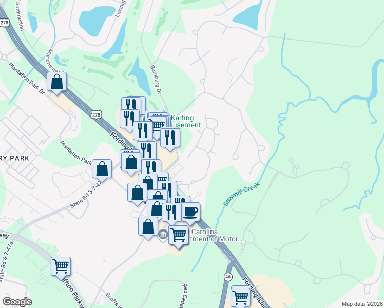 map of restaurants, bars, coffee shops, grocery stores, and more near 18 Oak Forest Road in Bluffton