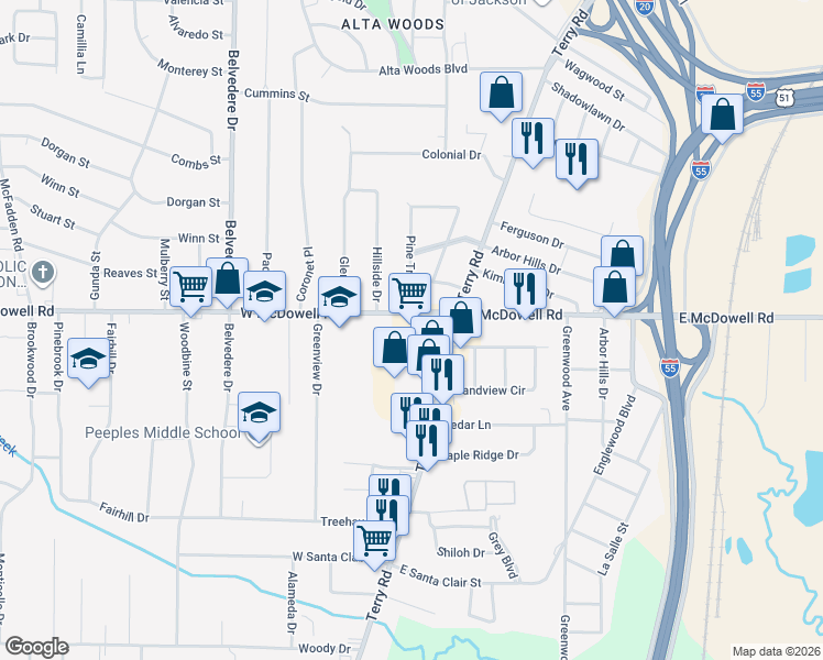 map of restaurants, bars, coffee shops, grocery stores, and more near 225 West McDowell Road in Jackson