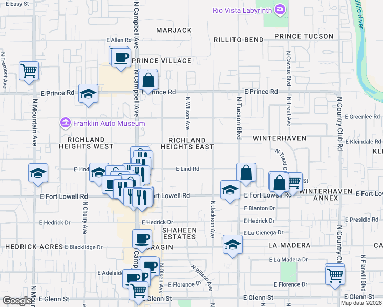 map of restaurants, bars, coffee shops, grocery stores, and more near 2240 East Kleindale Road in Tucson