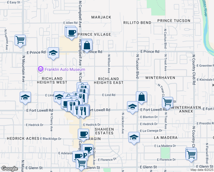 map of restaurants, bars, coffee shops, grocery stores, and more near 3343 North Wilson Avenue in Tucson