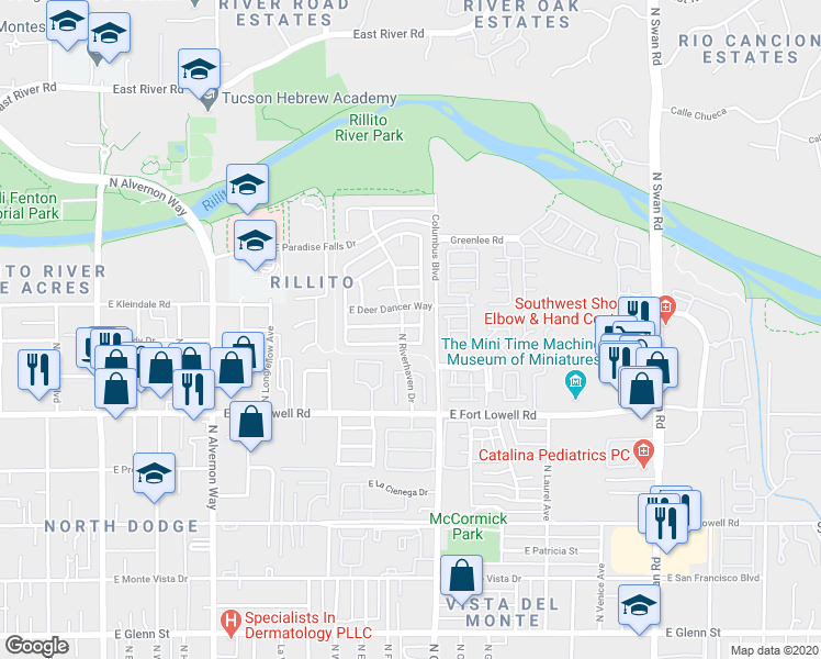 map of restaurants, bars, coffee shops, grocery stores, and more near 4240 East Babbling Brook Drive in Tucson