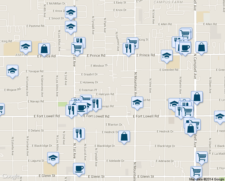 map of restaurants, bars, coffee shops, grocery stores, and more near in Tucson