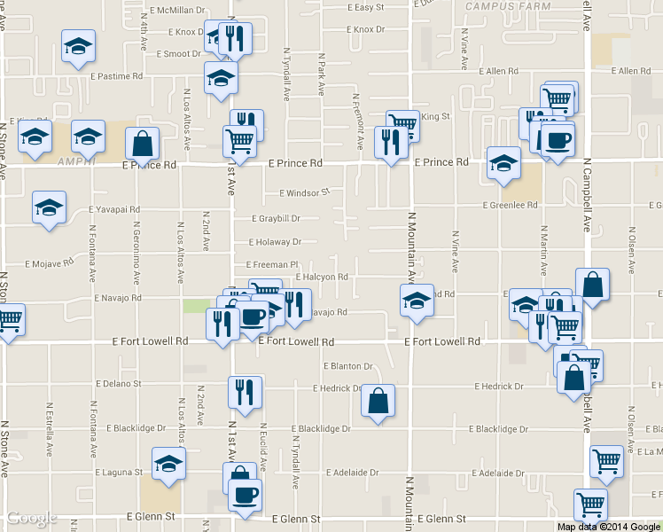 map of restaurants, bars, coffee shops, grocery stores, and more near 1027 East Halcyon Road in Tucson