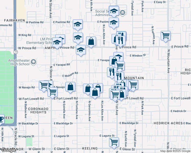 map of restaurants, bars, coffee shops, grocery stores, and more near 438 East Mohave Road in Tucson
