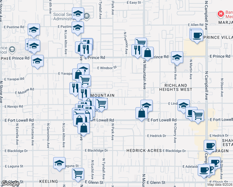 map of restaurants, bars, coffee shops, grocery stores, and more near 1027 East Halcyon Road in Tucson