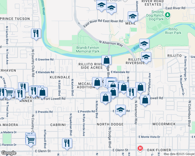map of restaurants, bars, coffee shops, grocery stores, and more near 3351 North Richey Boulevard in Tucson