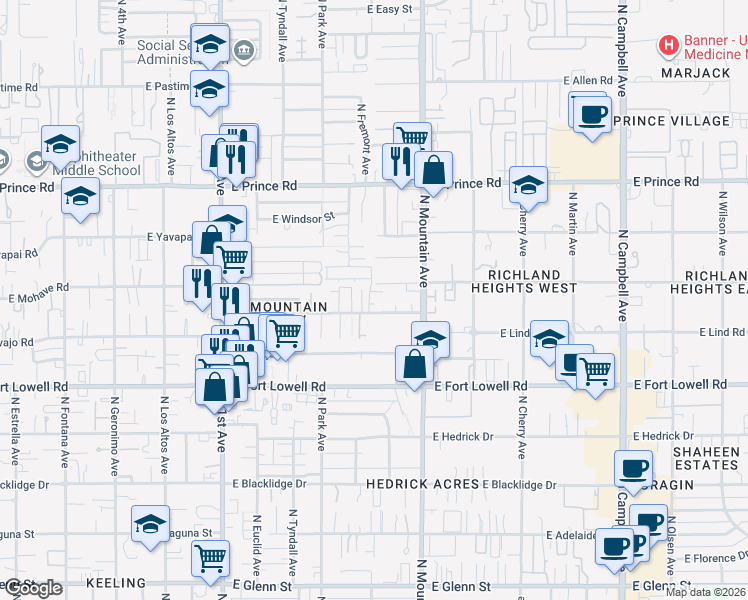 map of restaurants, bars, coffee shops, grocery stores, and more near in Tucson